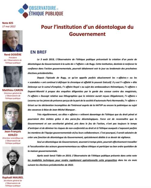 Photo de l'article : Pour l'institution d'un déontologue du Gouvernement